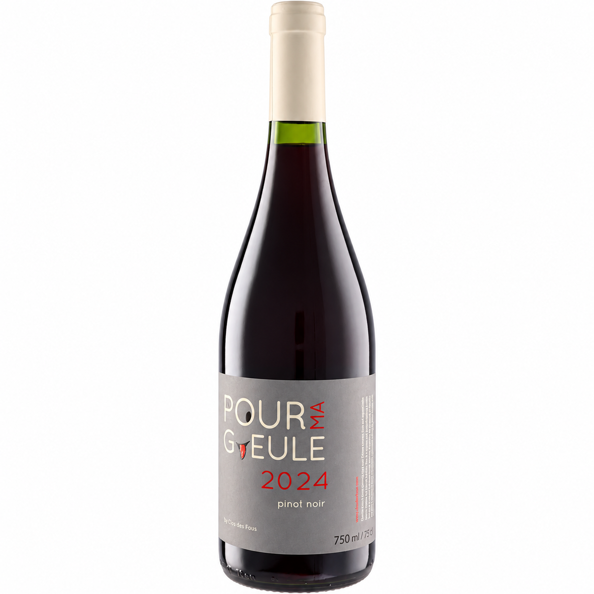 Botella Clos des Fous Pour Ma Gueule Pinot Noir 2024 sobre fondo blanco